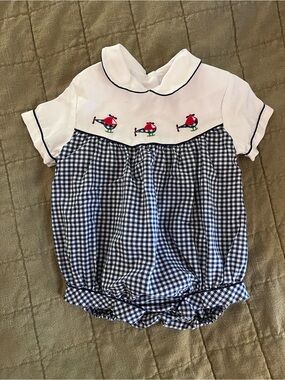 Vintage Gingham Baby Bubble Romper with Helicopter Embroidery - Navy & White